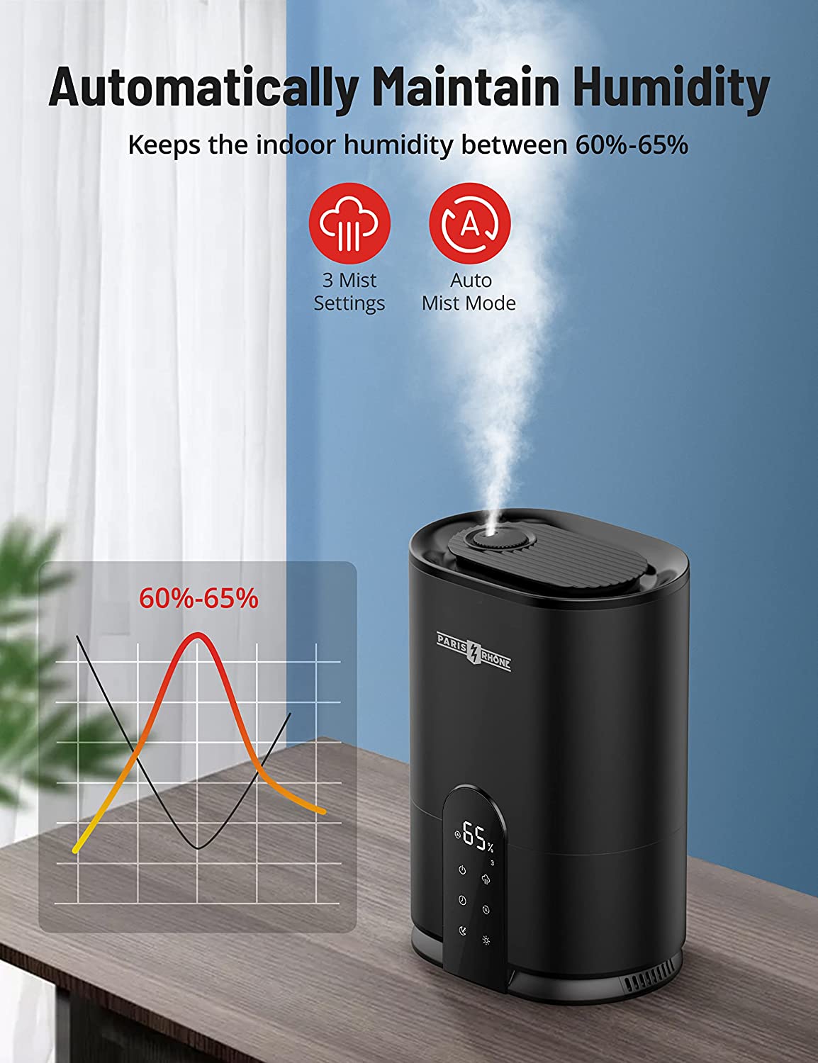 PARIS RHÔNE AH017 Luftbefeuchter Schlafzimmer, 4L Top-Fill Cool Mist Luftbefeuchter 2024