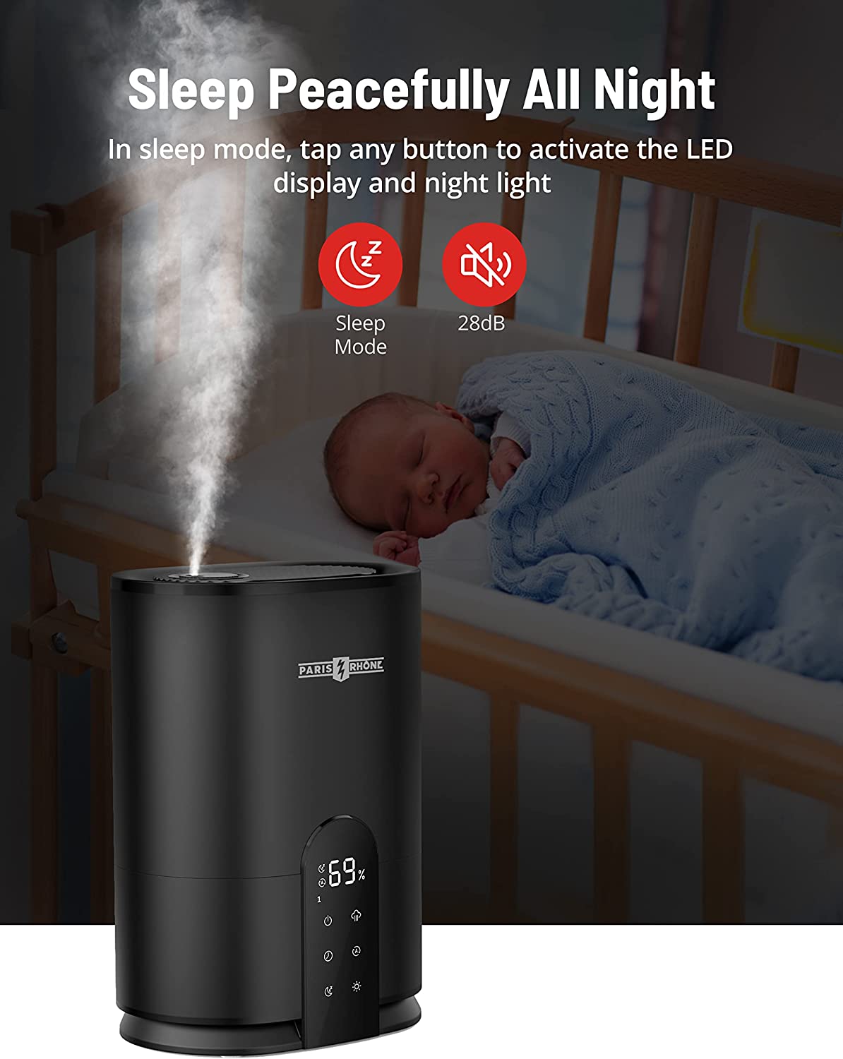 PARIS RHÔNE AH017 Luftbefeuchter Schlafzimmer, 4L Top-Fill Cool Mist Luftbefeuchter 2024