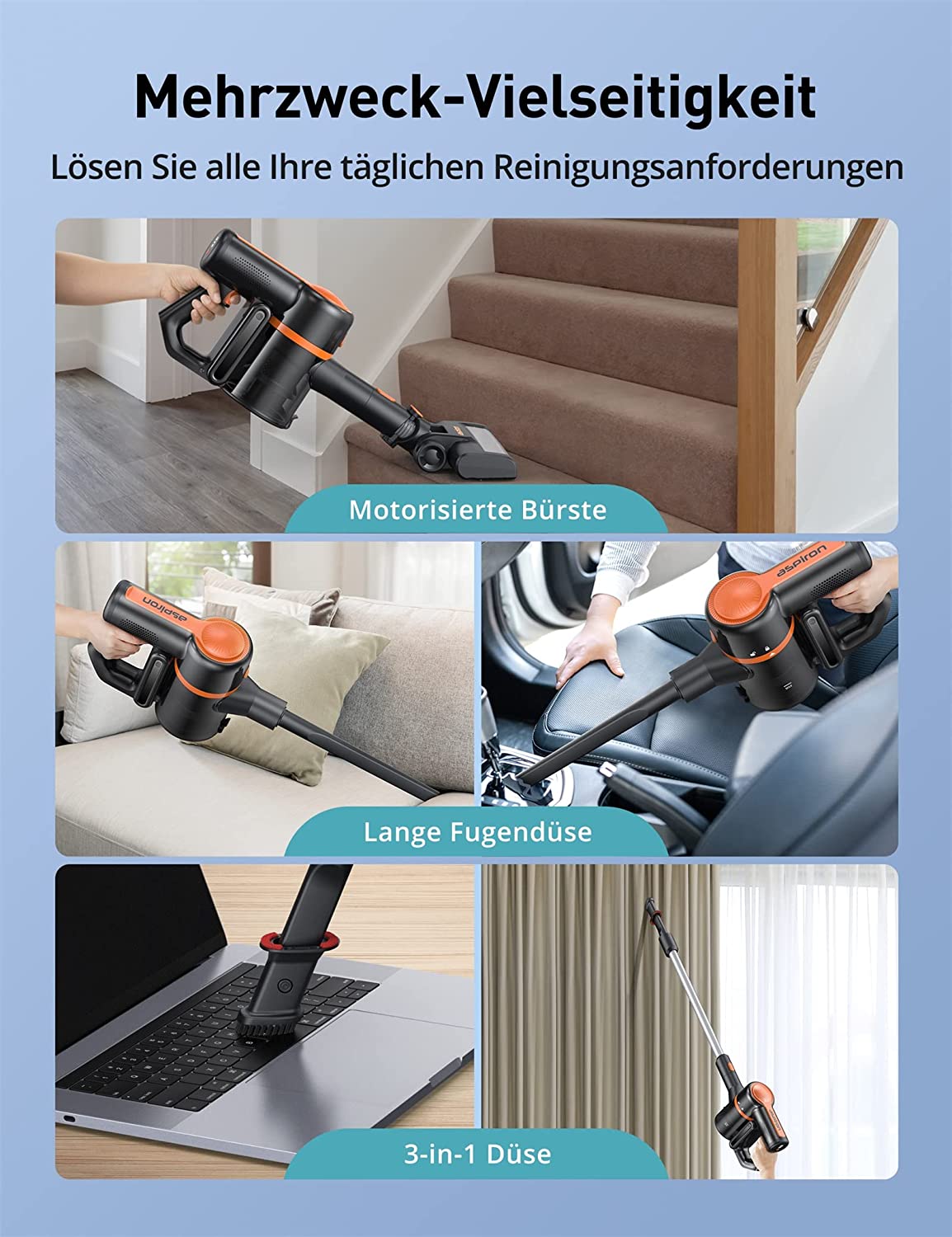 Aspiron Kabelloser Staubsauger, 2 in 1 Akku Handstaubsauger 250W Beutellos Stielstaubsauger