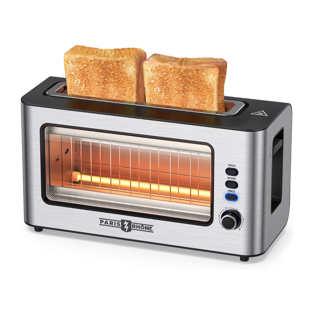 Ultra wide long slot toaster stainless steel toaster with viewing window, 6 browning levels