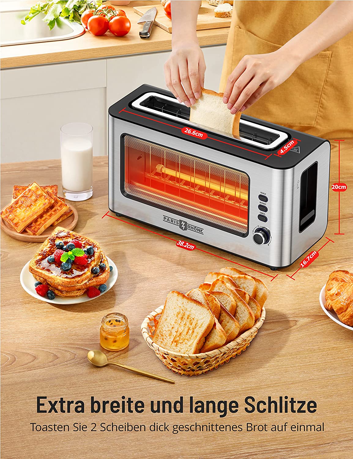 Ultra wide long slot toaster stainless steel toaster with viewing window, 6 browning levels