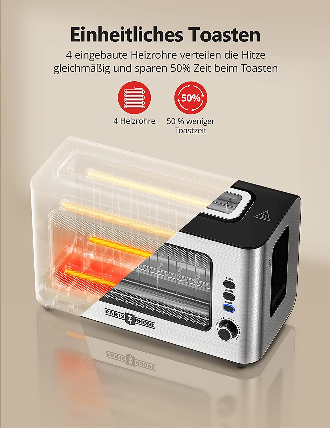 Ultra wide long slot toaster stainless steel toaster with viewing window, 6 browning levels