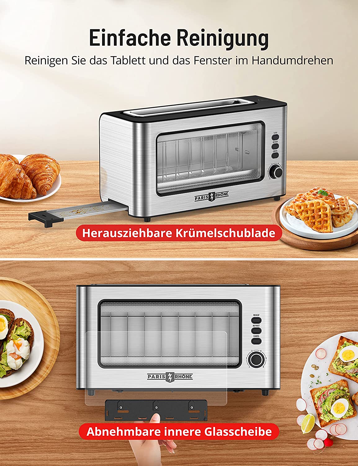 Ultra wide long slot toaster stainless steel toaster with viewing window, 6 browning levels