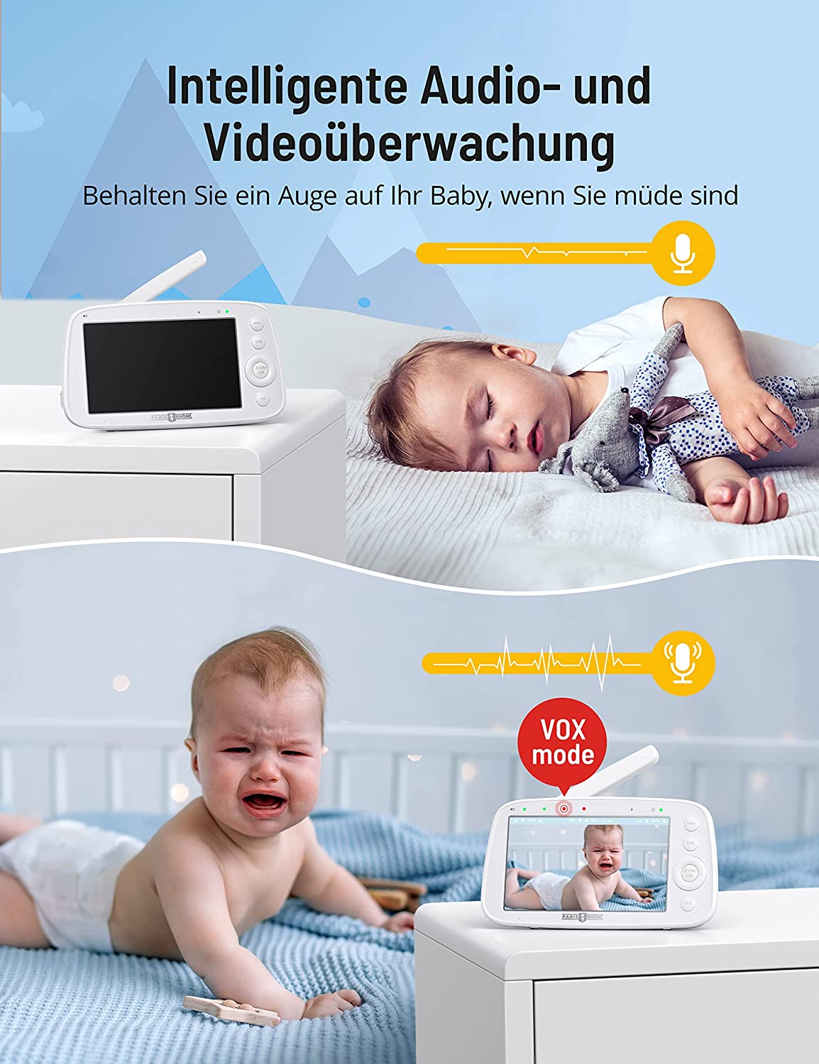 PARIS RHÔNE IH003 Babyphone mit Kamera 720P, Video Baby Monitor mit 5 Zoll großes Display, Bewegungs- und Geräuscherkennung