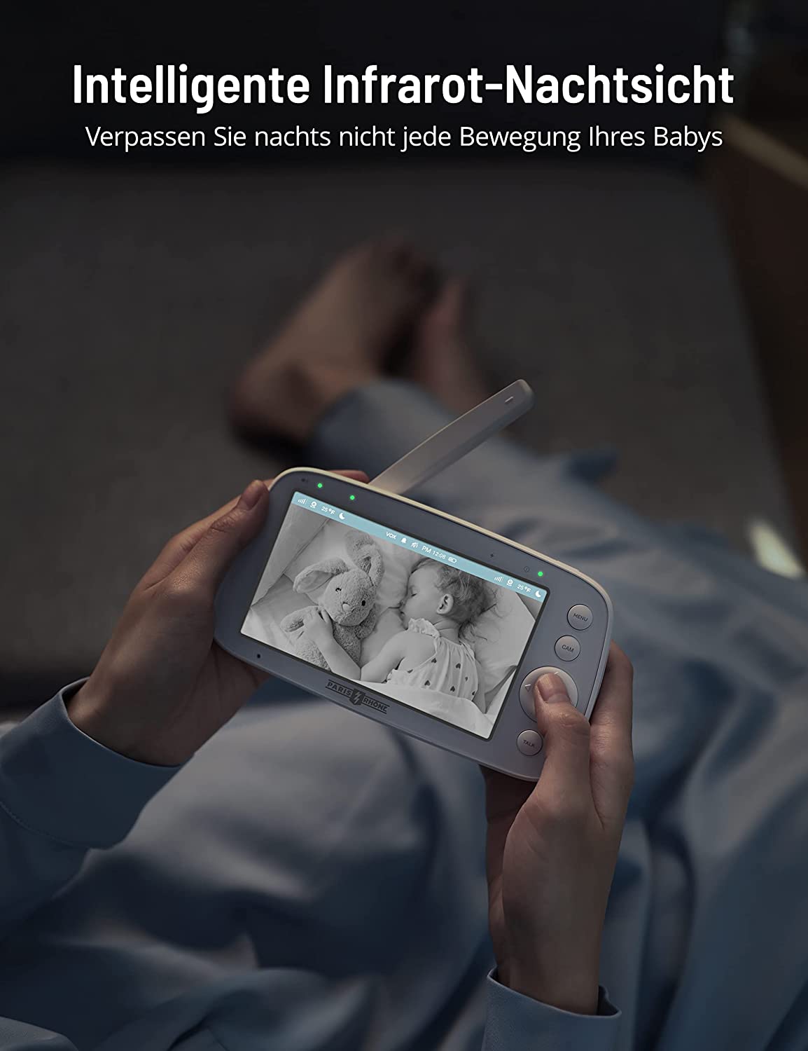 PARIS RHÔNE IH003 Babyphone mit Kamera 720P, Video Baby Monitor mit 5 Zoll großes Display, Bewegungs- und Geräuscherkennung
