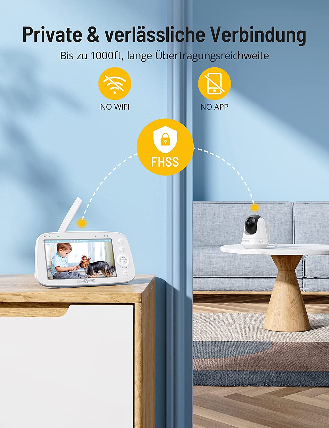 PARIS RHÔNE IH003 Babyphone mit Kamera 720P, Video Baby Monitor mit 5 Zoll großes Display, Bewegungs- und Geräuscherkennung