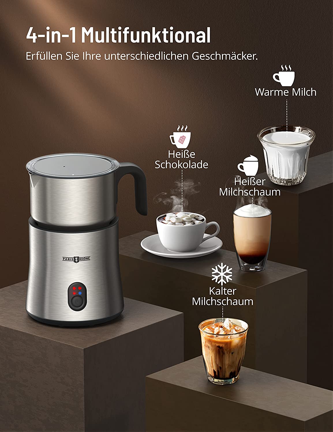 Milchaufschäumer Elektrisch Induktion 4-in-1, 500ml Milchschäumer Spülmaschinenfest