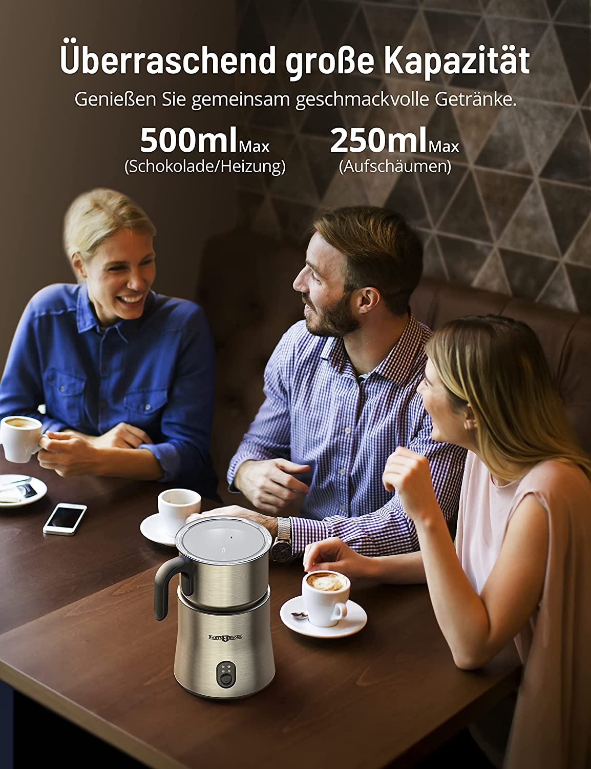 Milchaufschäumer Elektrisch Induktion 4-in-1, 500ml Milchschäumer Spülmaschinenfest