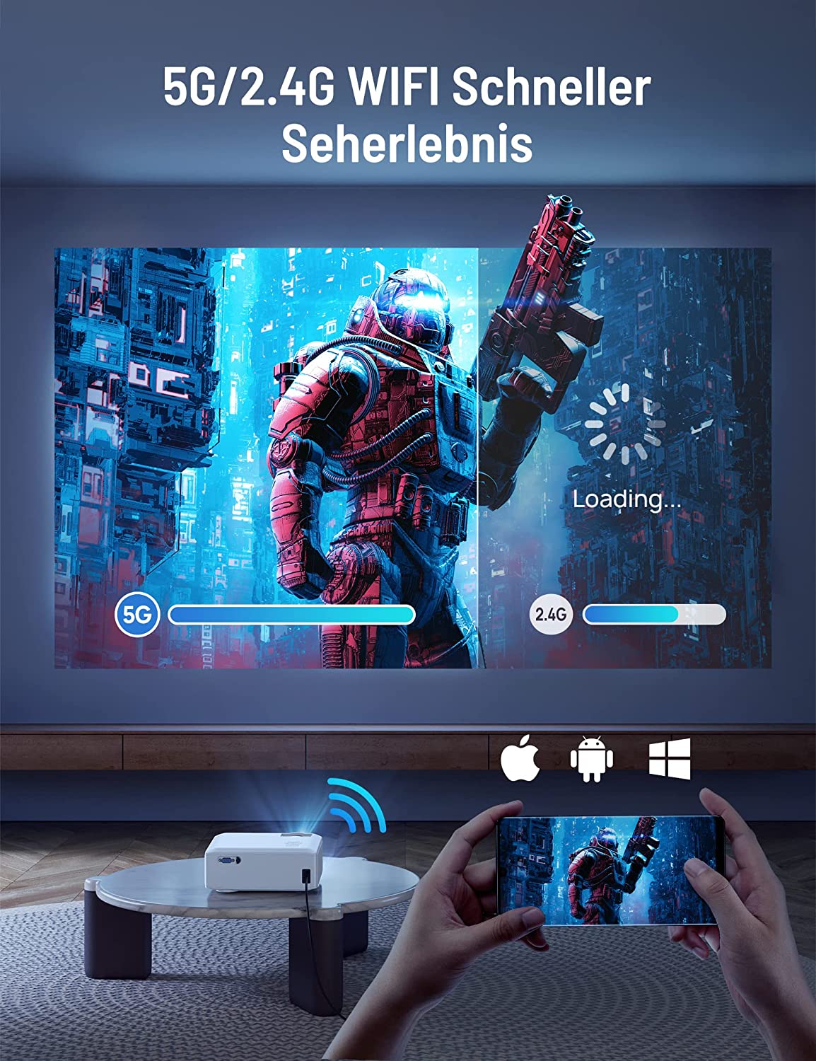 Mini Beamer Native 1080P, 9800Lux Heimkino Beamer Full HD, WiFi Beamer Unterstützung 4K