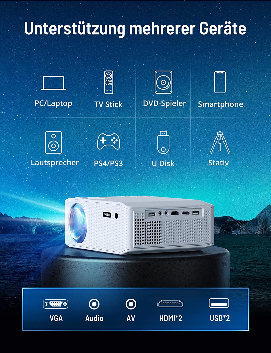 Mini Beamer Native 1080P, 9800Lux Heimkino Beamer Full HD, WiFi Beamer Unterstützung 4K