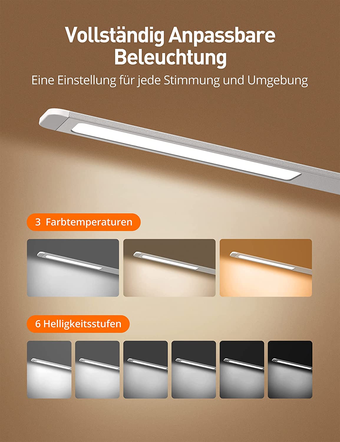 Sympa Schreibtischlampe LED Metall, Dimmbare Tischlampe, 3 Farbmodi, 6 Helligkeitsstufen