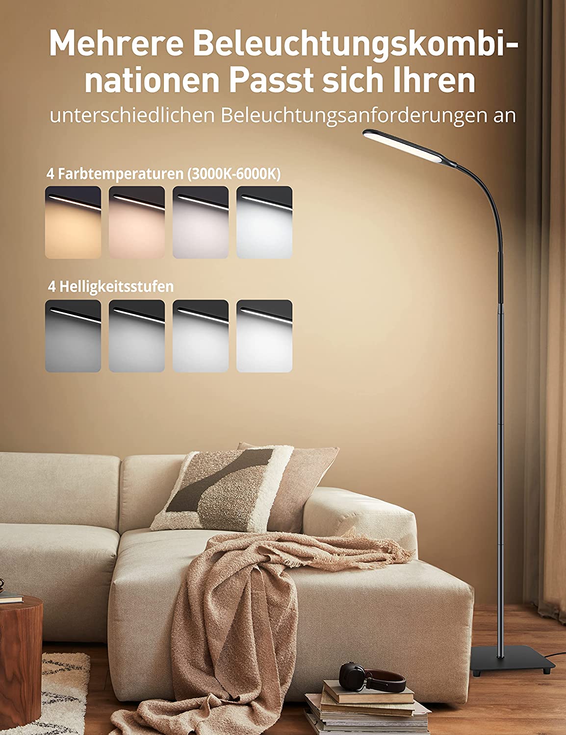 Sympa LED floor lamp dimmable with 4 levels of brightness and 4 colors, reading lamp with touch control