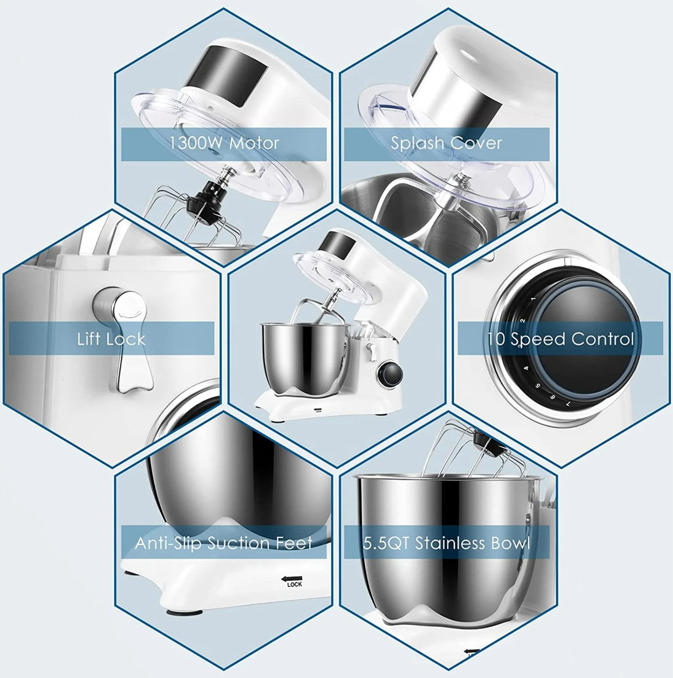 Küchenmaschine, Knetmaschine, 10 Geschwindigkeitsstufen, mit 5,5-Liter-Edelstahlschüssel, Schneebesen, Schneebesen, Rührschüssel, 1300 W (weiß)