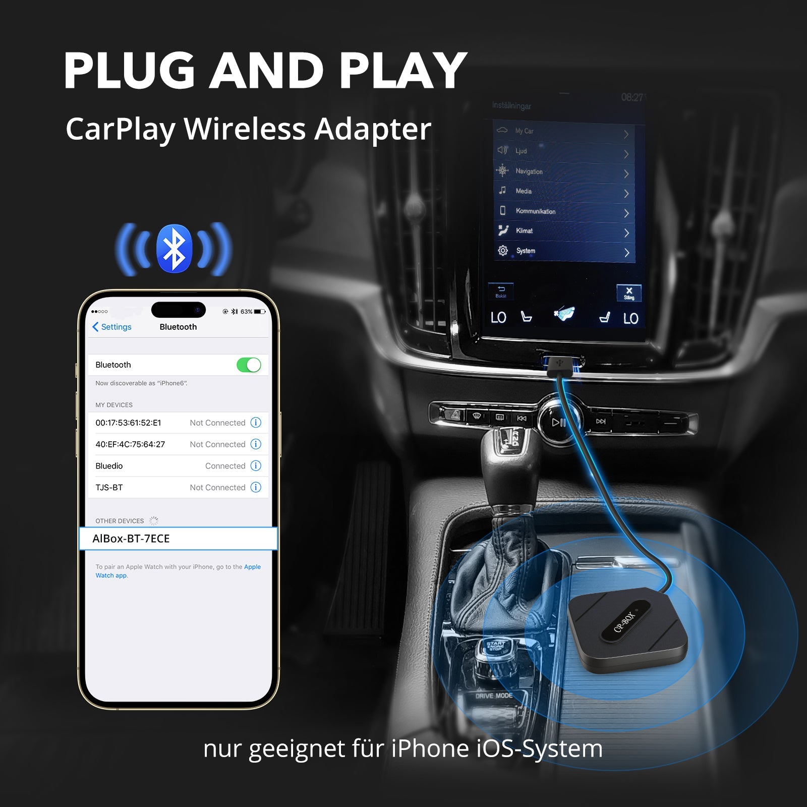 CarPlay Wireless Adapter 2024 Upgrade AE001, Sofortige Umstellung von Kabel auf kabellos für Autos ab 2015 und iPhone 6+ 2024