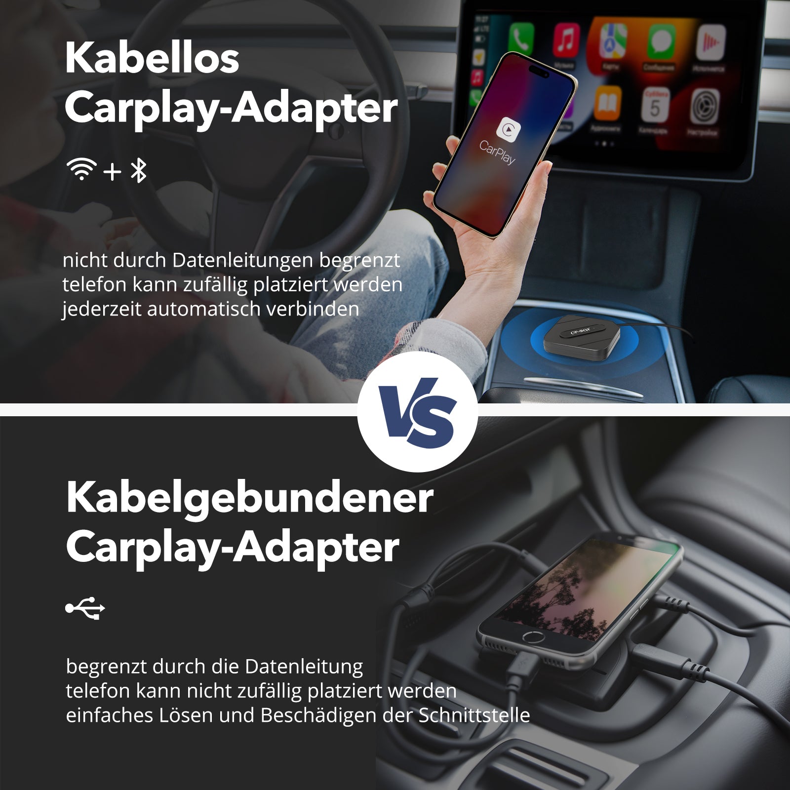 CarPlay Wireless Adapter 2024 Upgrade AE001, Sofortige Umstellung von Kabel auf kabellos für Autos ab 2015 und iPhone 6+