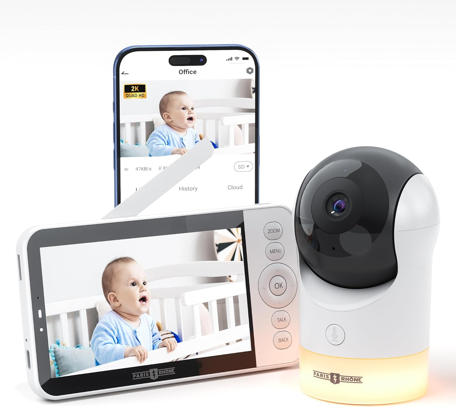 Paris Rhône 2K HD 5 Inch WiFi Video-Babyphone AI Tracking BBM002 mit intelligenter App 2024