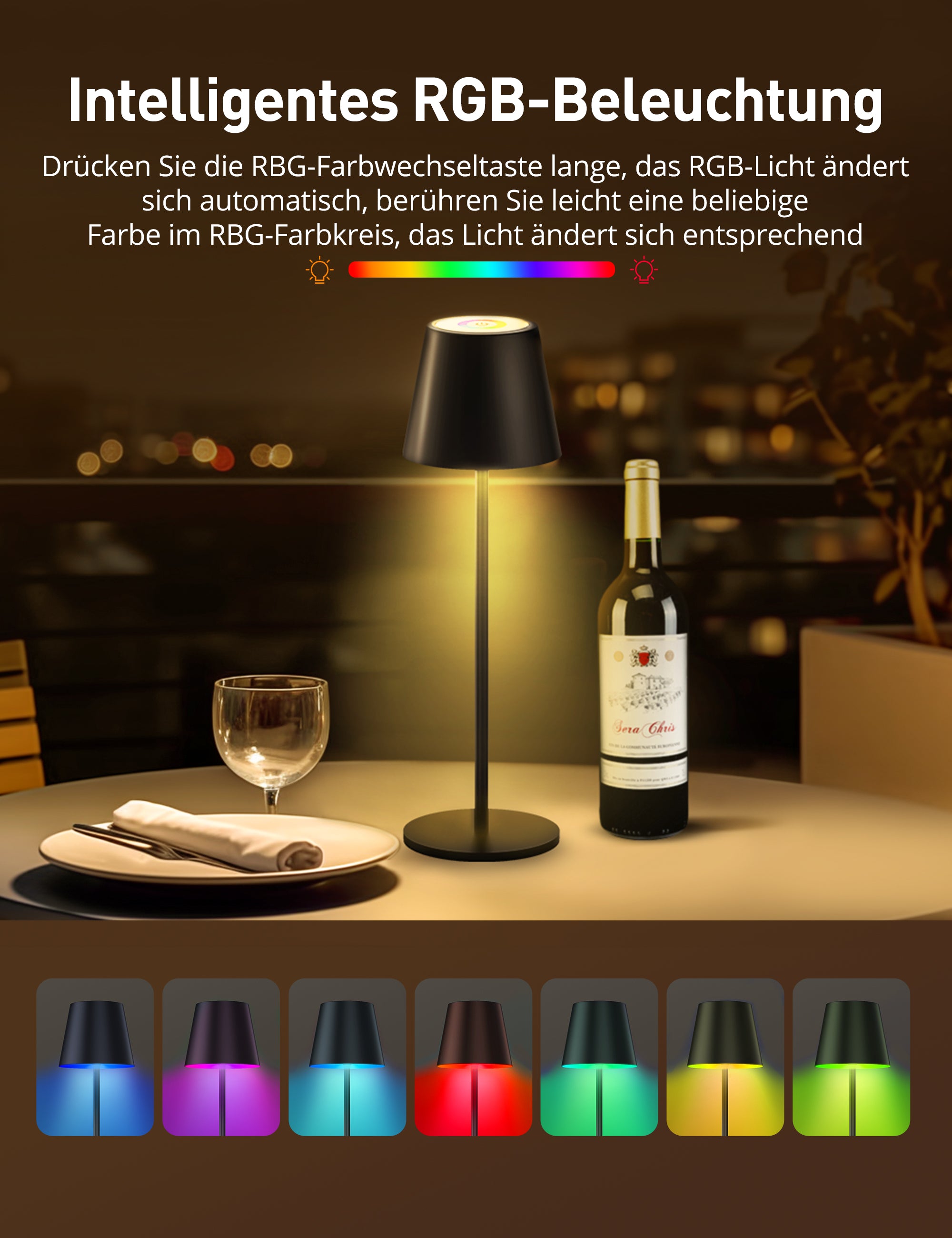 Sympa LED Tischleuchte Kabellos DL052, Nachttischlampe Dimmbare mit 7 Farben RGB-Modus