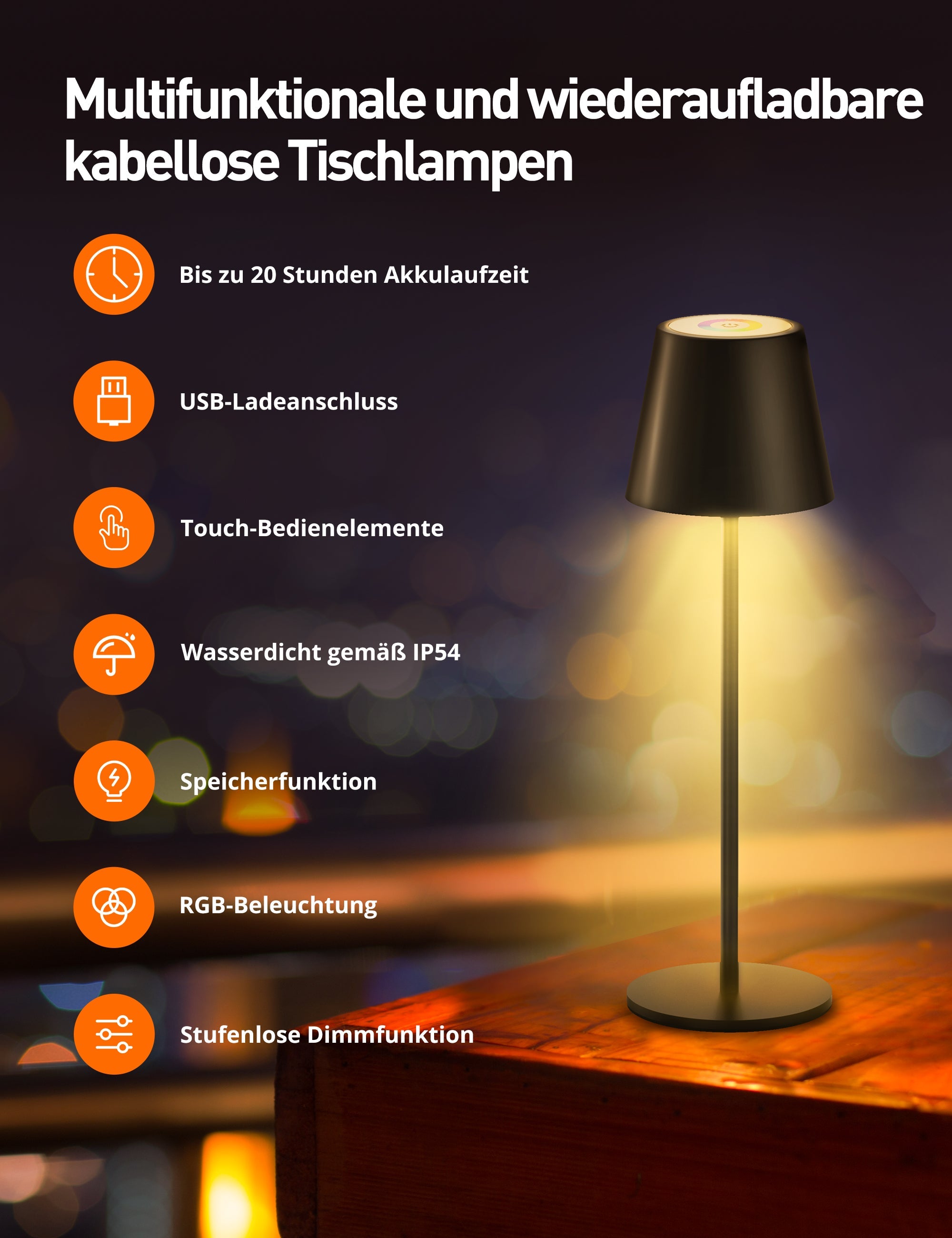 Sympa LED Tischleuchte Kabellos DL052, Nachttischlampe Dimmbare mit 7 Farben RGB-Modus 2024