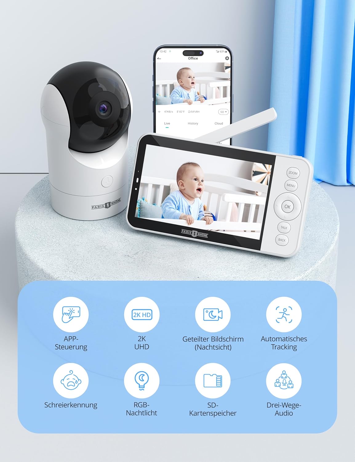 Paris Rhône 2K HD 5 Inch WiFi Video-Babyphone AI Tracking BBM002 mit intelligenter App 2024