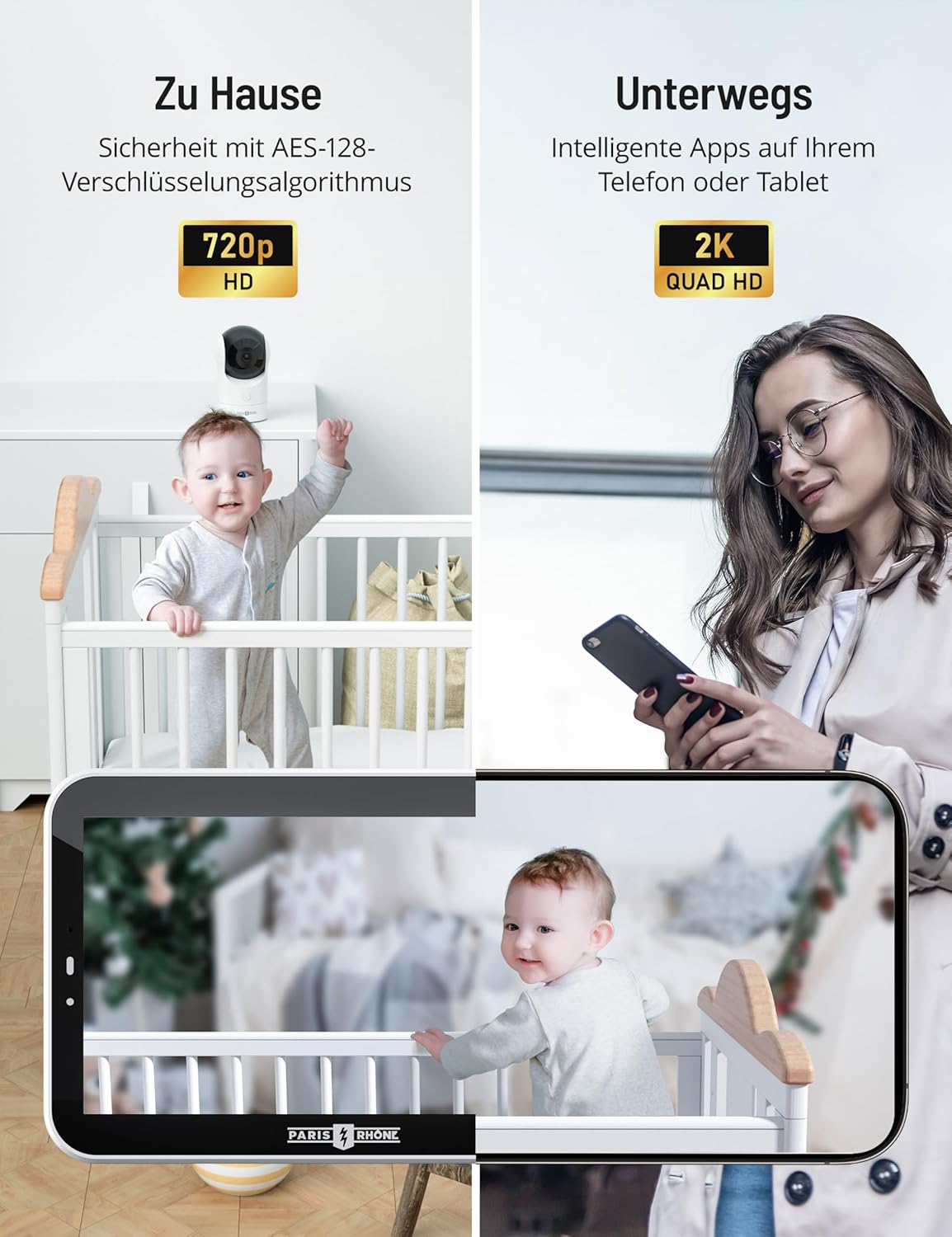 Paris Rhône 2K HD 5 Inch WiFi Video-Babyphone AI Tracking BBM002 mit intelligenter App 2024