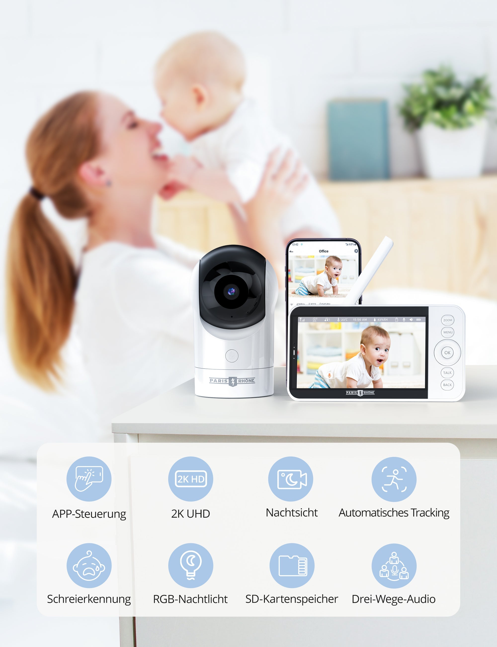 Paris Rhône 2K HD Video-Babyphone BBM002 mit intelligenter App 2024
