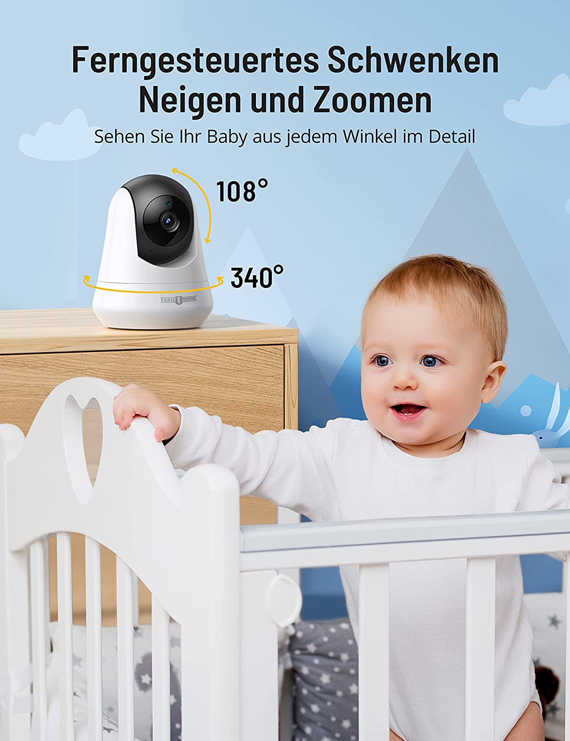 PARIS RHÔNE IH003 Babyphone mit Kamera 720P, Video Baby Monitor mit 5 Zoll großes Display, Bewegungs- und Geräuscherkennung 2024