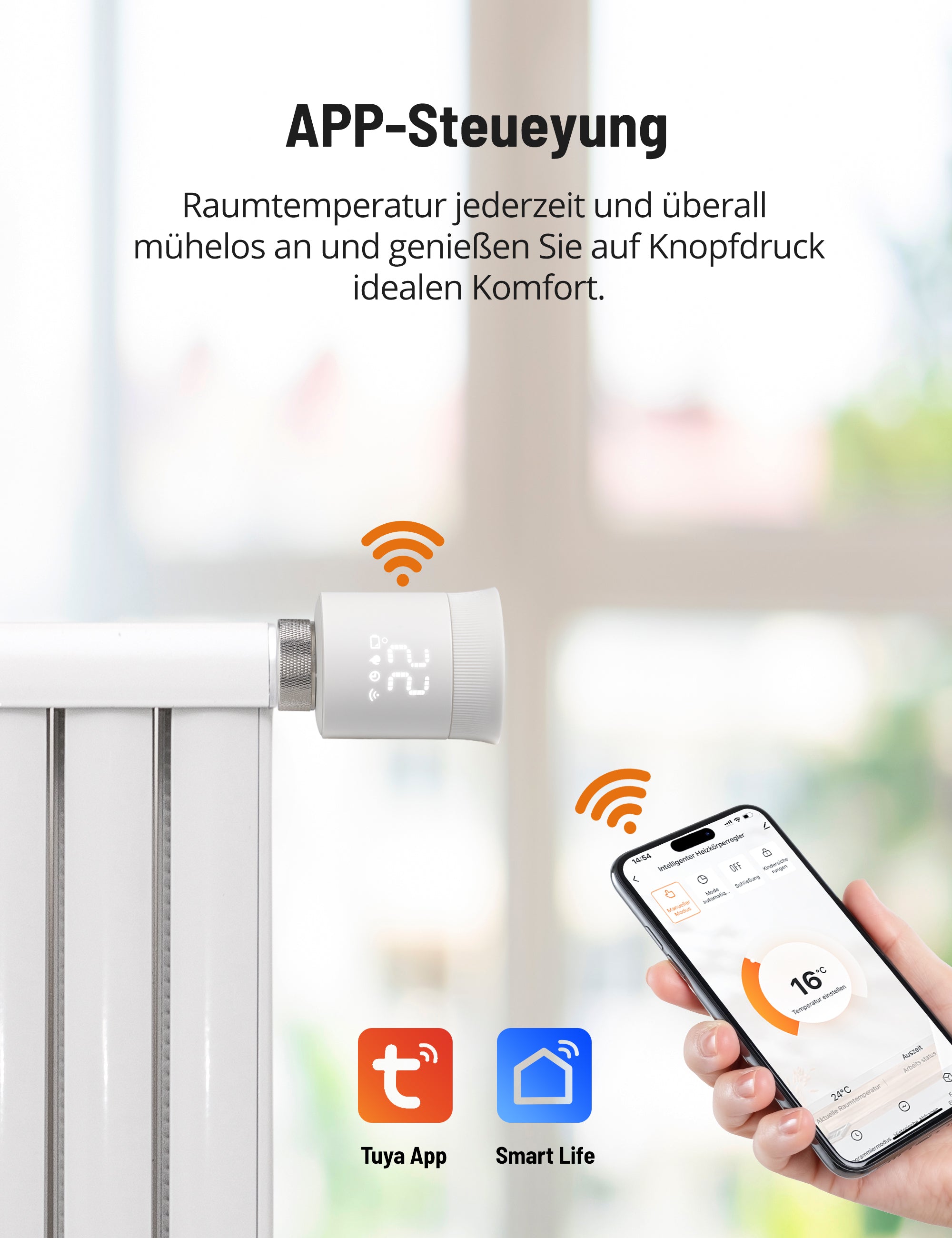 Smart Heizkörperthermostat, WLAN Thermostat Heizung per Tuya App mit Amazon Alexa und Google Assistant, LED-Display, Zigbee Programmierbar Heizungsthermostat, 6 Adapter