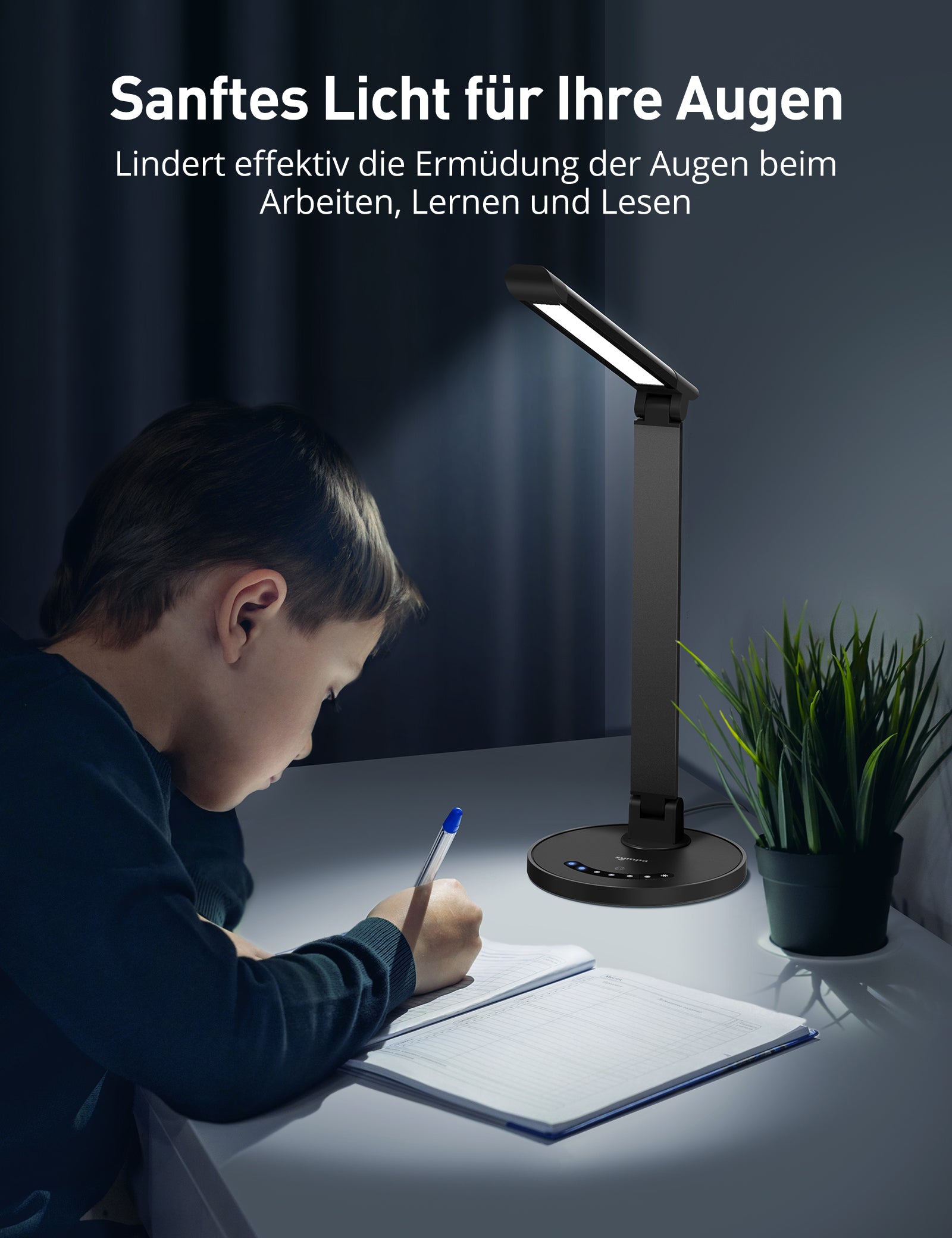 Sympa Schreibtischlampe LED, Tischlampe Dimmbar 5 Farben ,7 Helligkeitsstufen 12W Tischlicht mit USB-Anschluss Memory