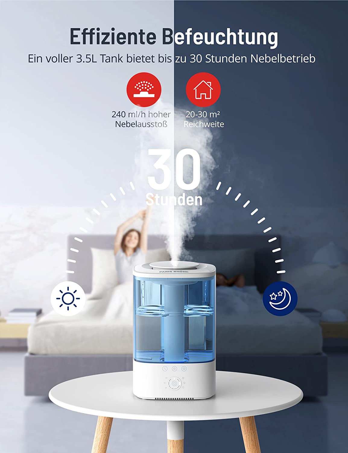 PARIS RHÔNE AH028 Luftbefeuchter Schlafzimmer 3.5L Top-Fill Humidifier Aroma Diffuser, 30H BPA-Frei Leise Raumbefeuchter