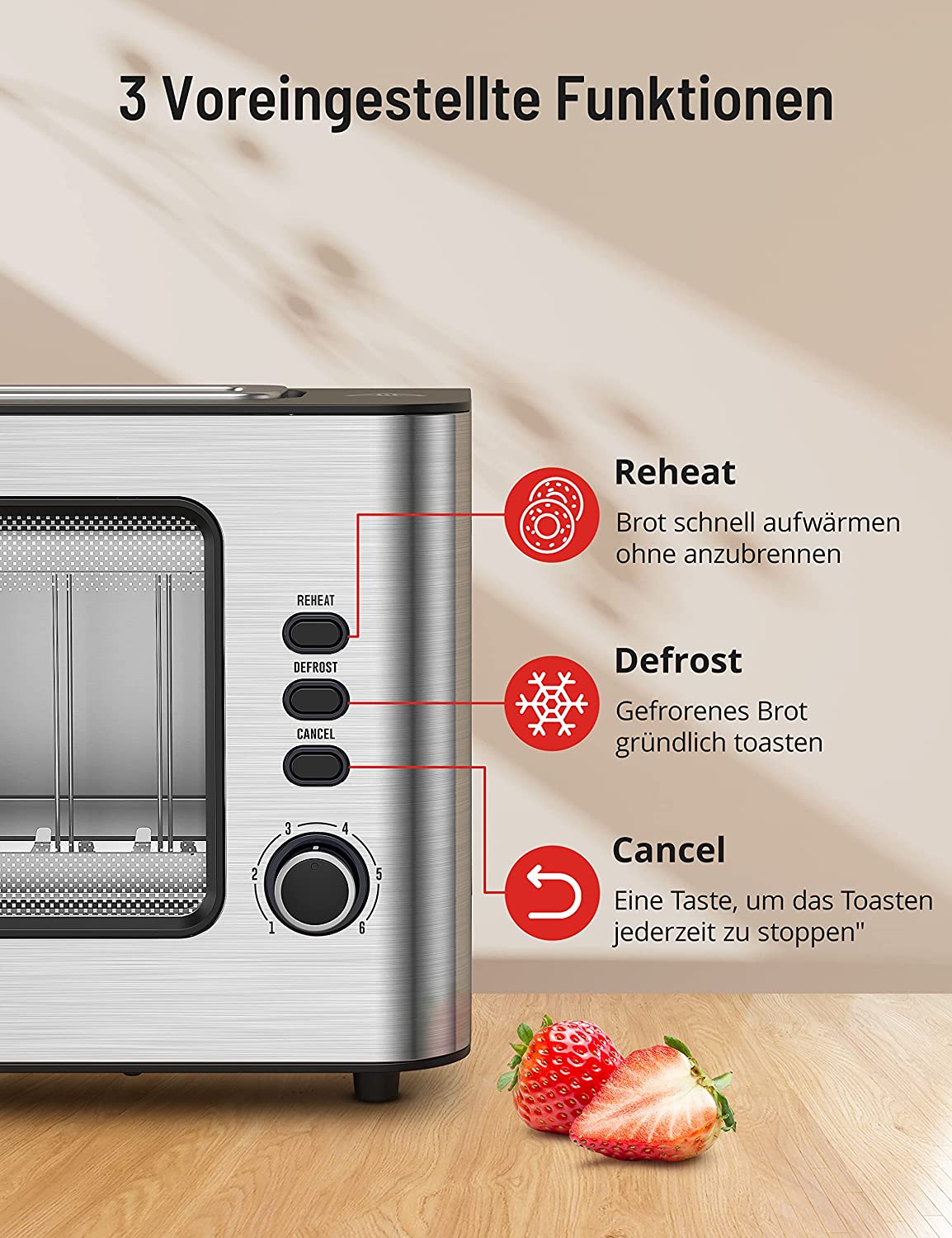 Ultra wide long slot toaster stainless steel toaster with viewing window, 6 browning levels