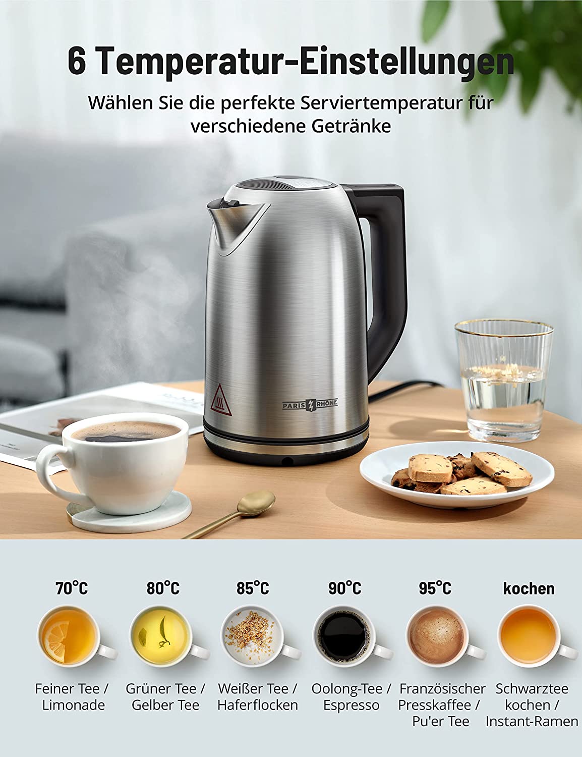 Kettle stainless steel with temperature setting, 1.7L Electric Kettle 2200W Electric Kettle