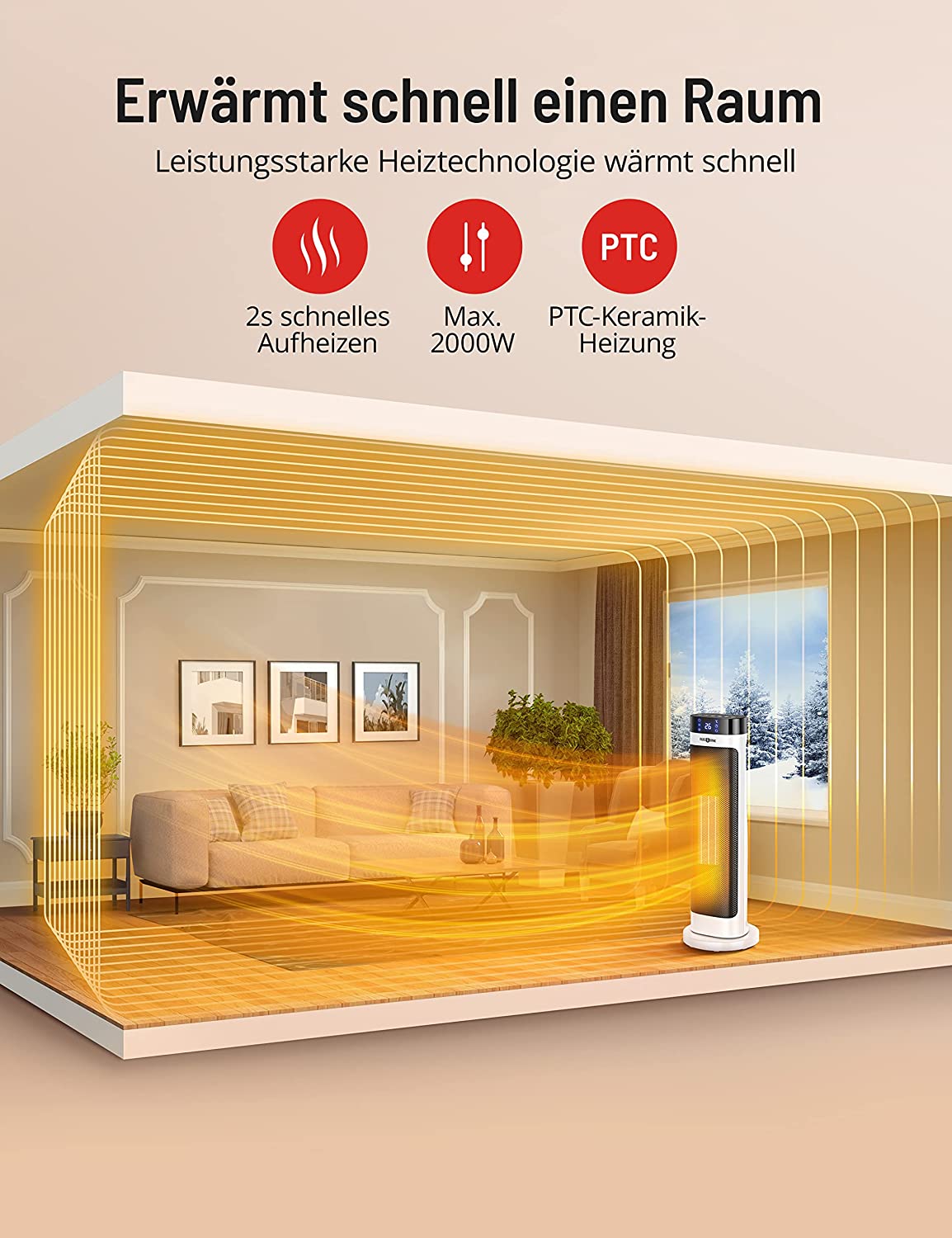 PARIS RHÔNE HE018 Heizlüfter Energiesparend Leise ECO-Modus, 900W-2000W Keramik-Elektroheizung