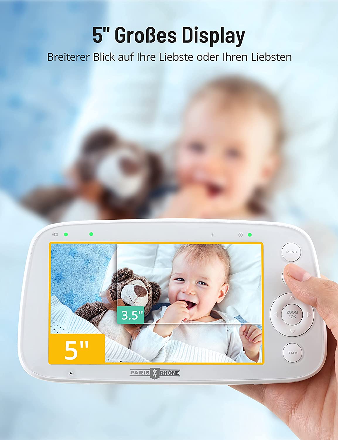 PARIS RHÔNE IH003 Babyphone mit Kamera 720P, Video Baby Monitor mit 5 Zoll großes Display, Bewegungs- und Geräuscherkennung