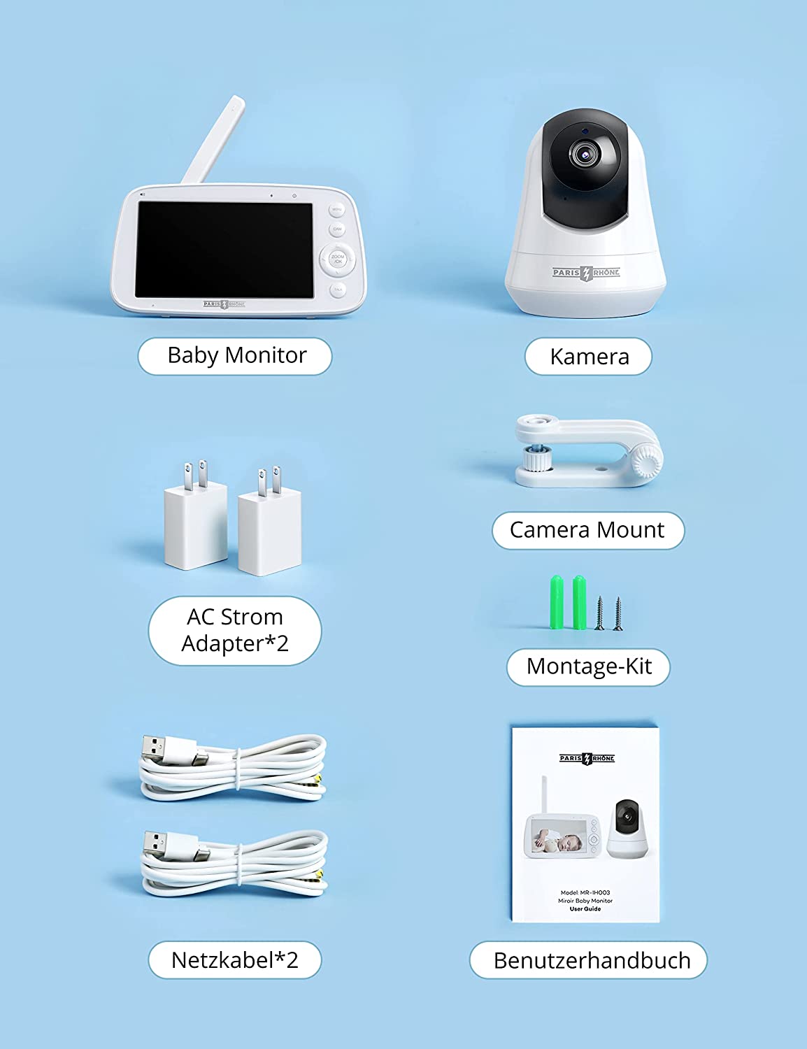 PARIS RHÔNE IH003 Babyphone mit Kamera 720P, Video Baby Monitor mit 5 Zoll großes Display, Bewegungs- und Geräuscherkennung