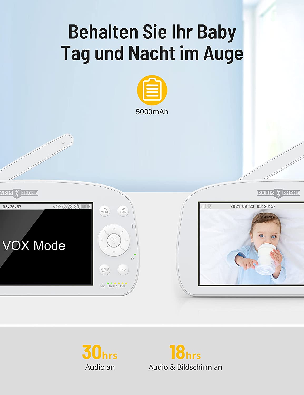 PARIS RHÔNE IH004 Babyphone mit Kamera 1080P, 5.5 Zoll großes Display Video Baby Monitor