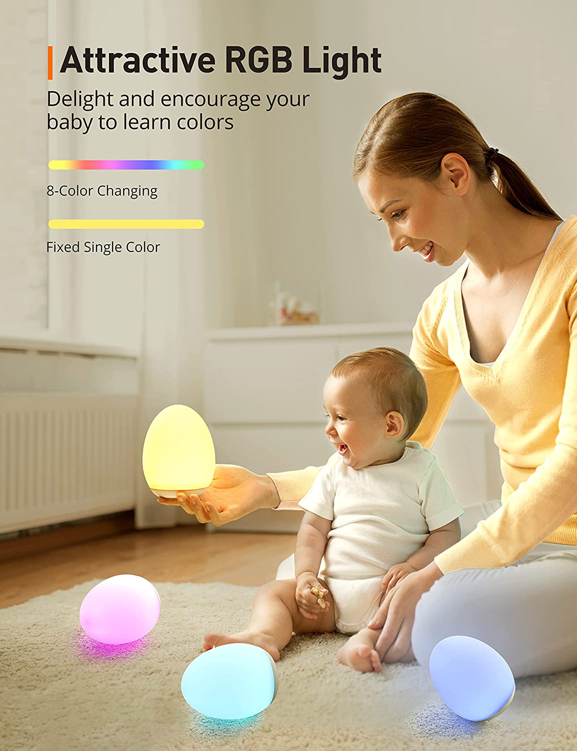 Sympa Baby-Nachtlicht, tragbares Kinderzimmerlicht mit LED-8-Farben-Modus, wiederaufladbare kleine Tischlampe