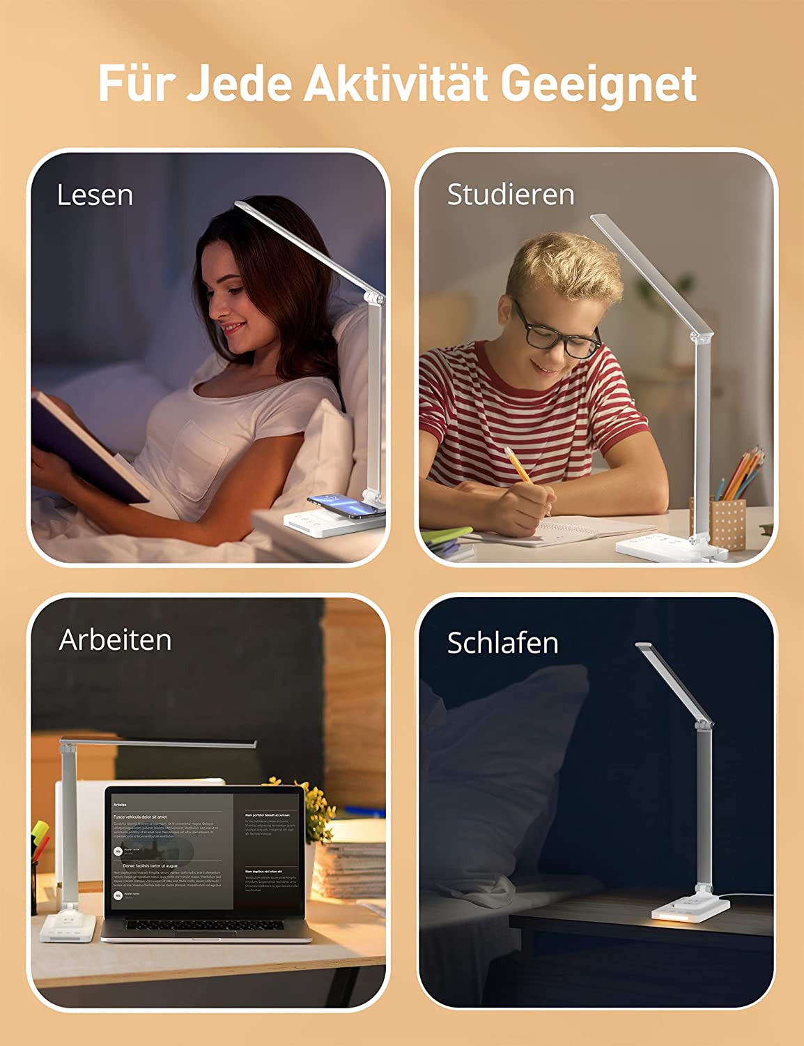 sympa Schreibtischlampe LED Metall mit Wireless Charger, 5 Farbmodi, 5 Helligkeitsstufen Tischlampe